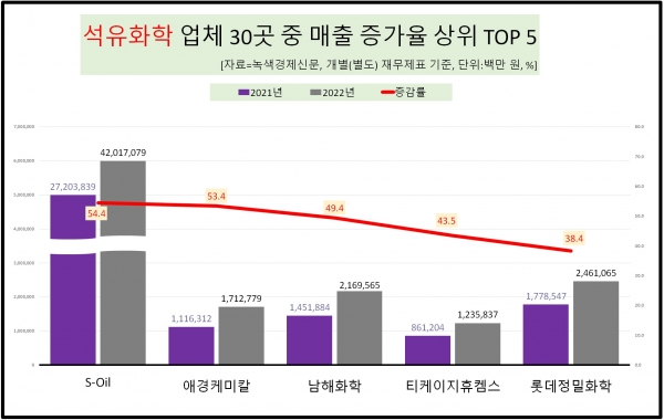 [자료=석유화학 업체 중 매출 상승률 TOP 5, 녹색경제신문]