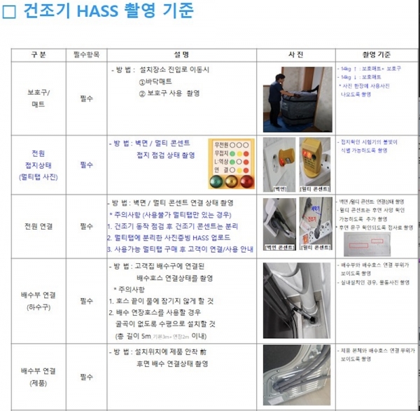 삼성전자의 건조기 설치 사진 촬영 문서. [사진=제보자]